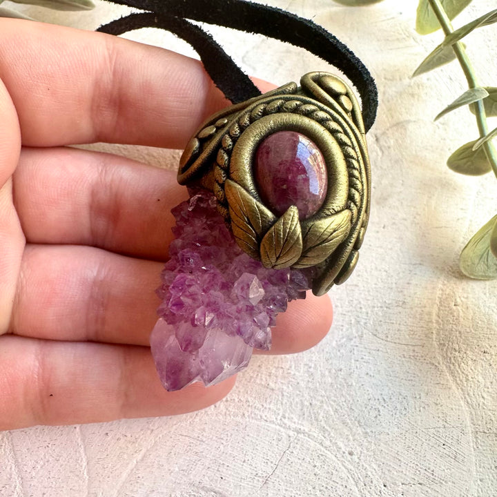 Premium artisan crystal necklace crafted with genuine Spirit Quartz and Ruby.