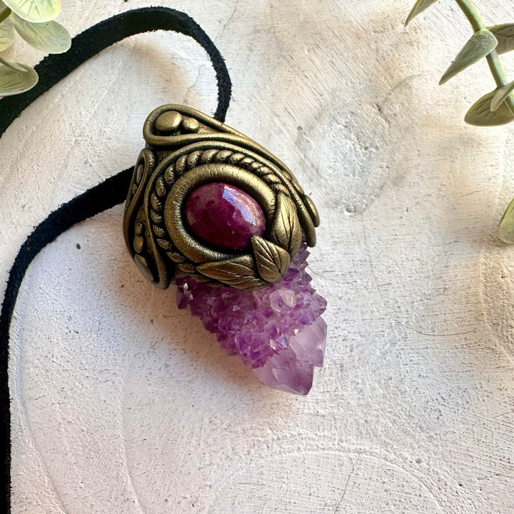 Spirit Quartz and Ruby pendant necklace handmade with authentic natural gemstones.
