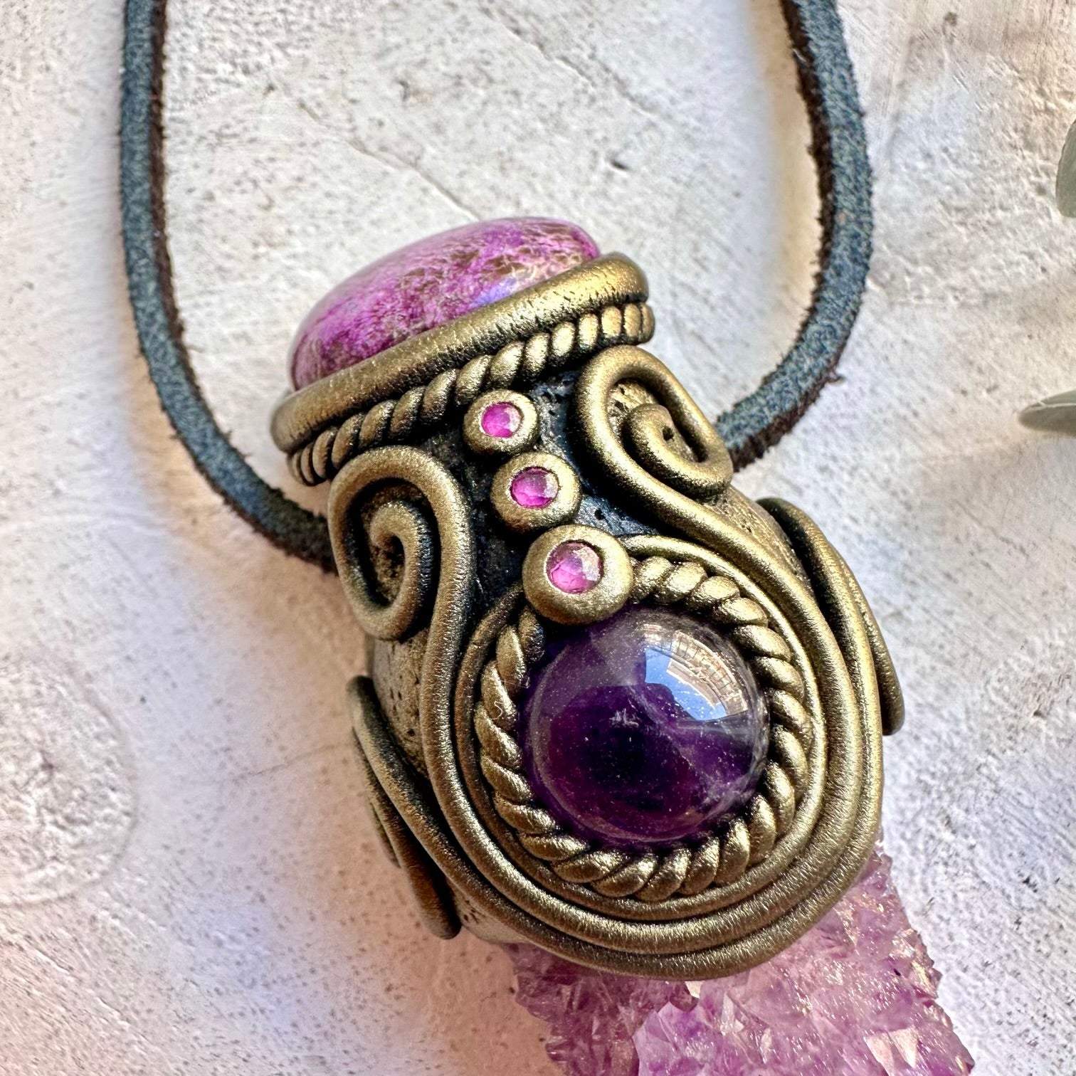 Handmade healing crystal pendant with natural Spirit Quartz, Stichtite and Amethyst gemstones.