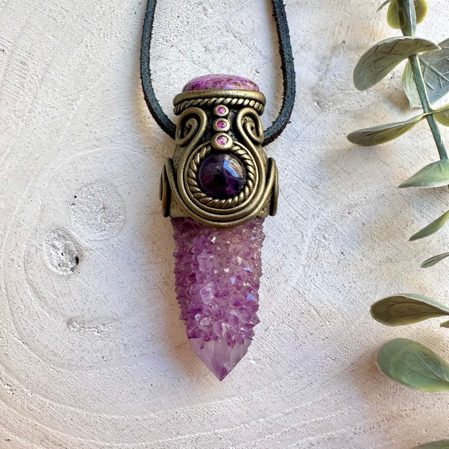 Handmade protection healing crystal pendant with natural Spirit Quartz, Stichtite and Amethyst gemstones.
