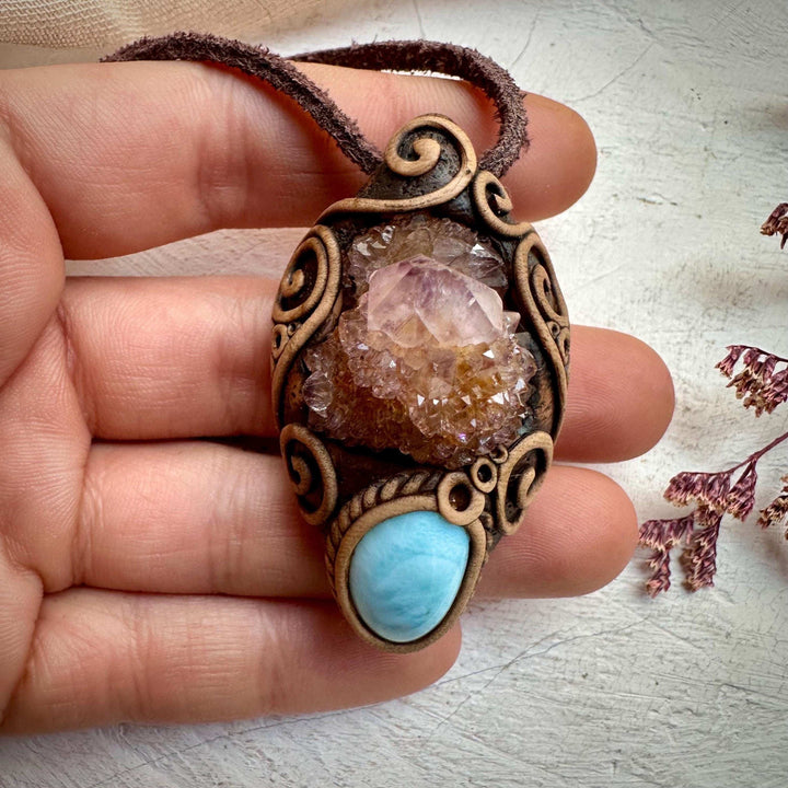 Spirit Quartz Cluster and Larimar Necklace - FairyGardenGlow