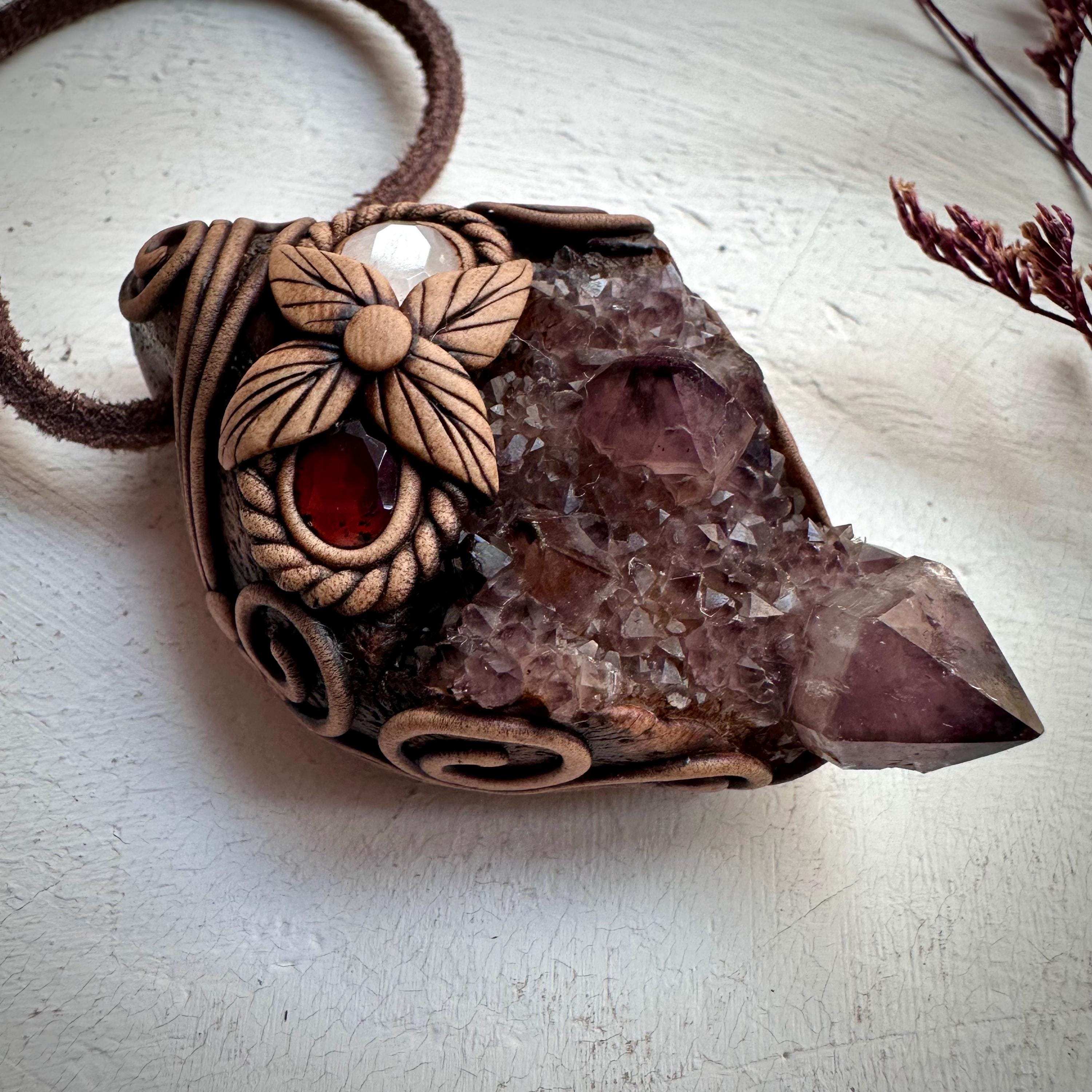 Spirit Quartz Cluster Red Garnet and Rose Quartz Pendant Necklace - FairyGardenGlow