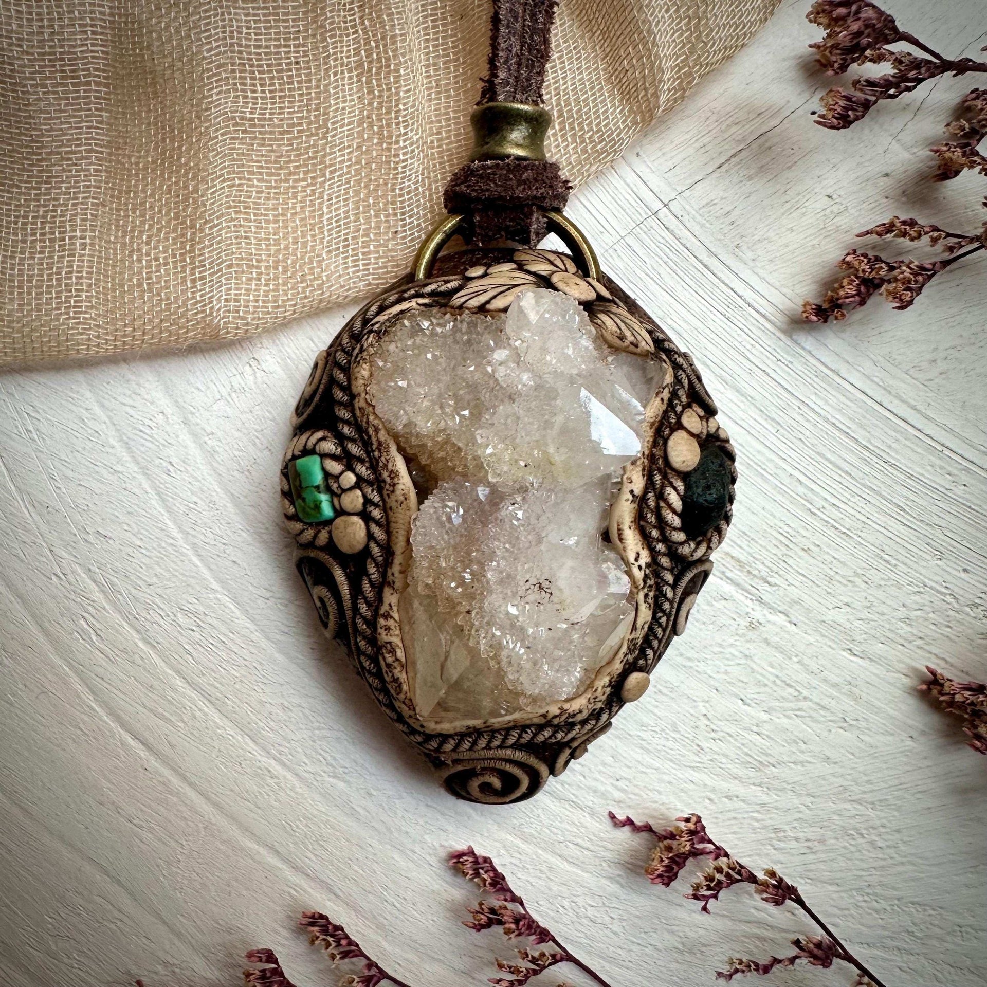 Spirit Quartz Cluster Tibetan Turquoise and Tektite Pendant Necklace - FairyGardenGlow