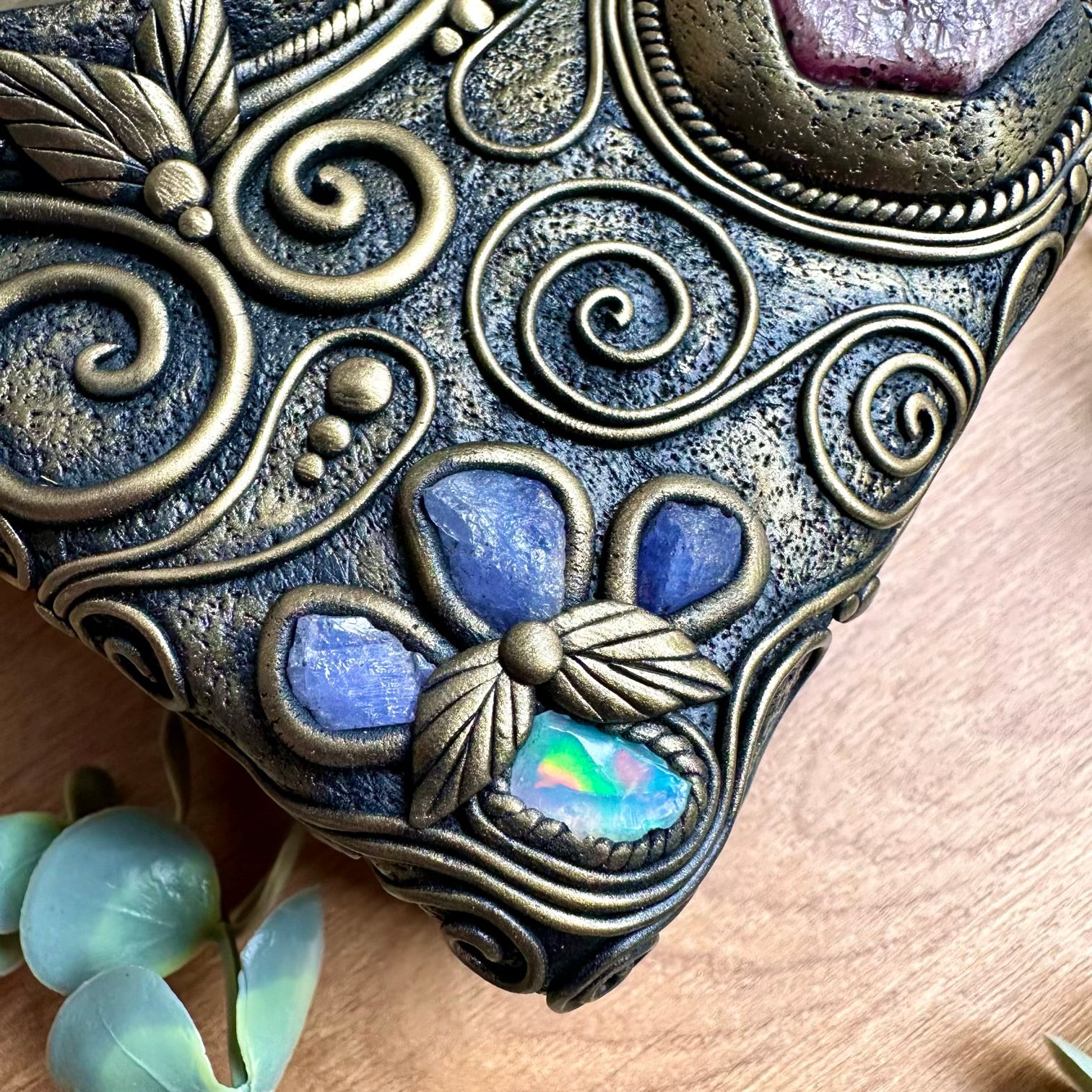 Handmade crystal box with moonstone moon placed on a spiritual altar for rituals and meditation