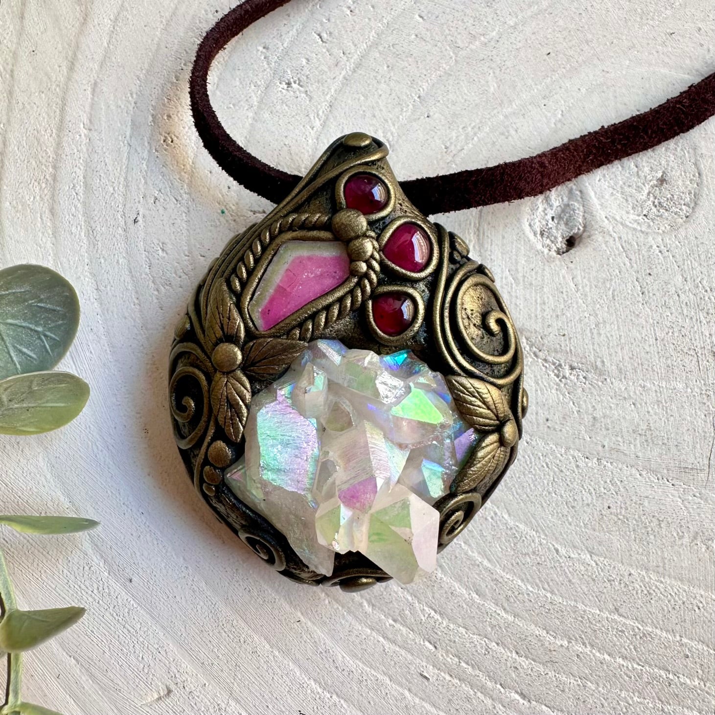 Handmade crystal jewelry with an Angel Aura Quartz Cluster and natural Watermelon Tourmaline gemstones.