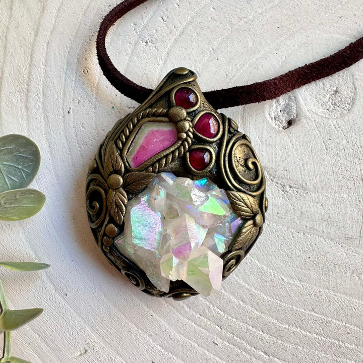 Handmade crystal jewelry with an Angel Aura Quartz Cluster and natural Watermelon Tourmaline gemstones.