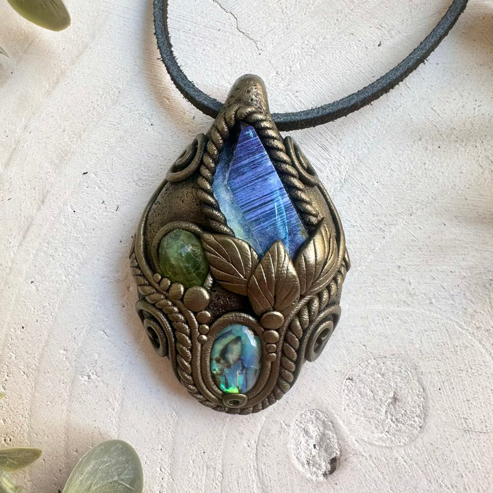 Unique crystal pendant necklace made with Aqua Aura Quartz and genuine Peridot gemstone.