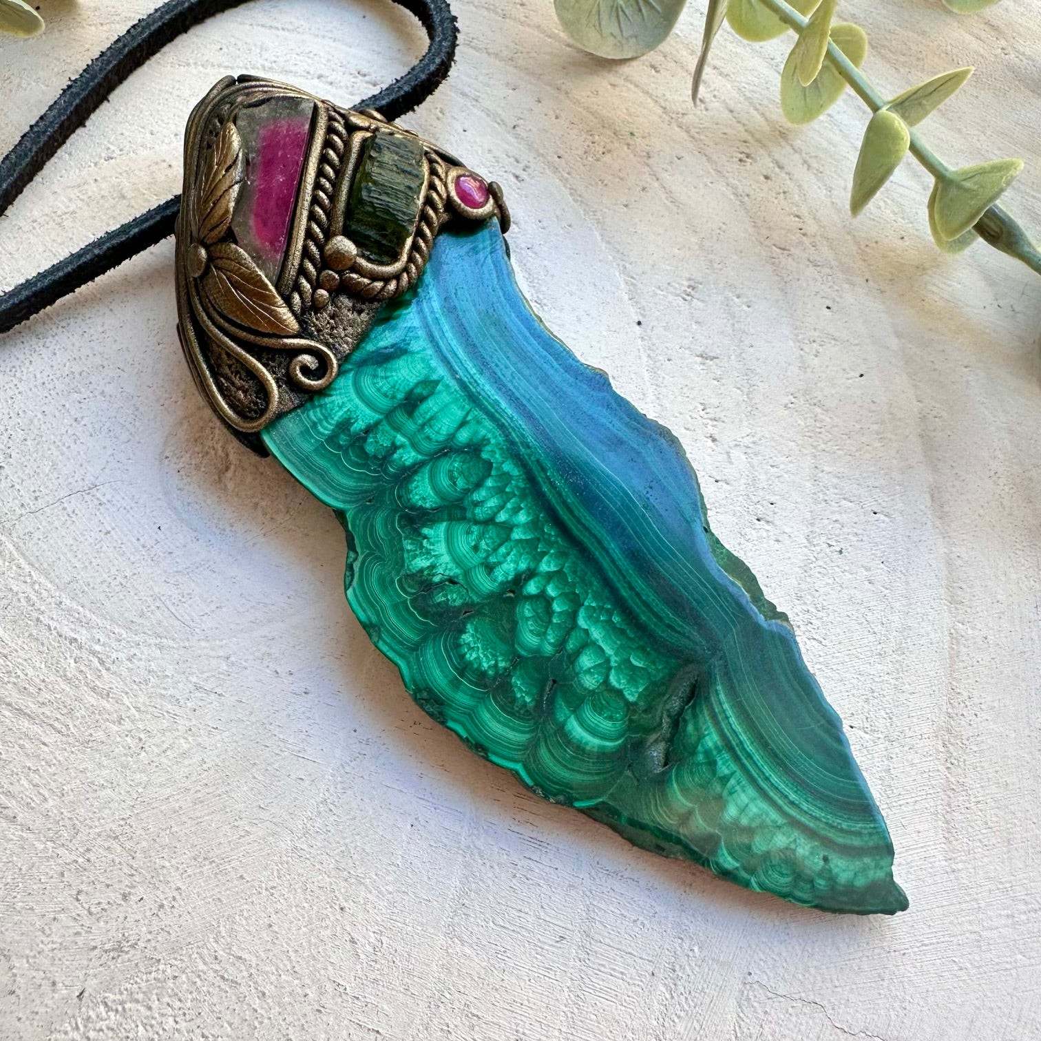 Artisan gemstone wand necklace with rhodolite garnet crystal