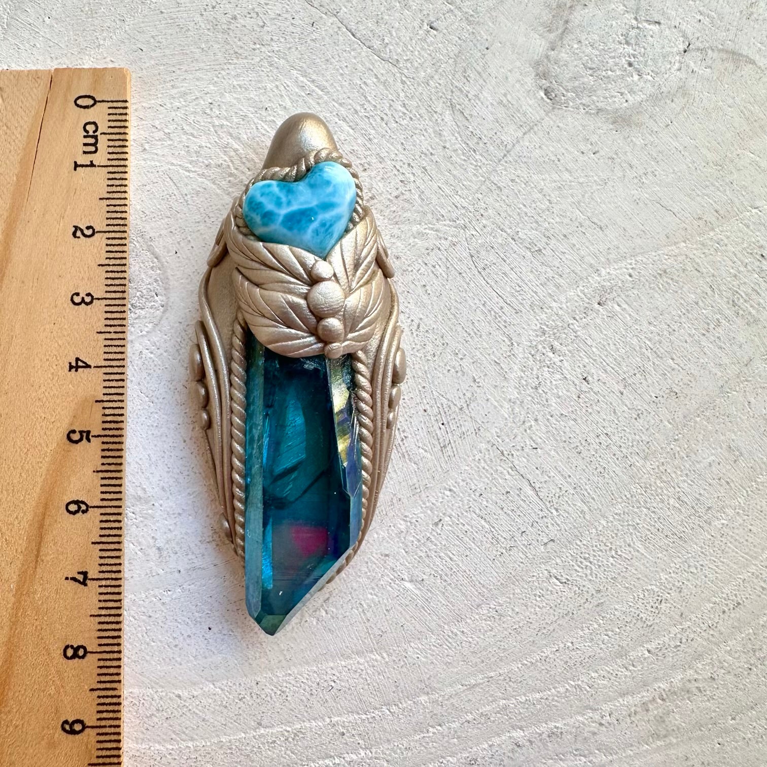 Handmade gemstone necklace with aqua aura quartz and larimar heart