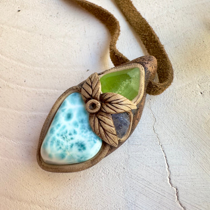 One of a kind handmade Larimar pendant necklace with Peridot and Tanzanite