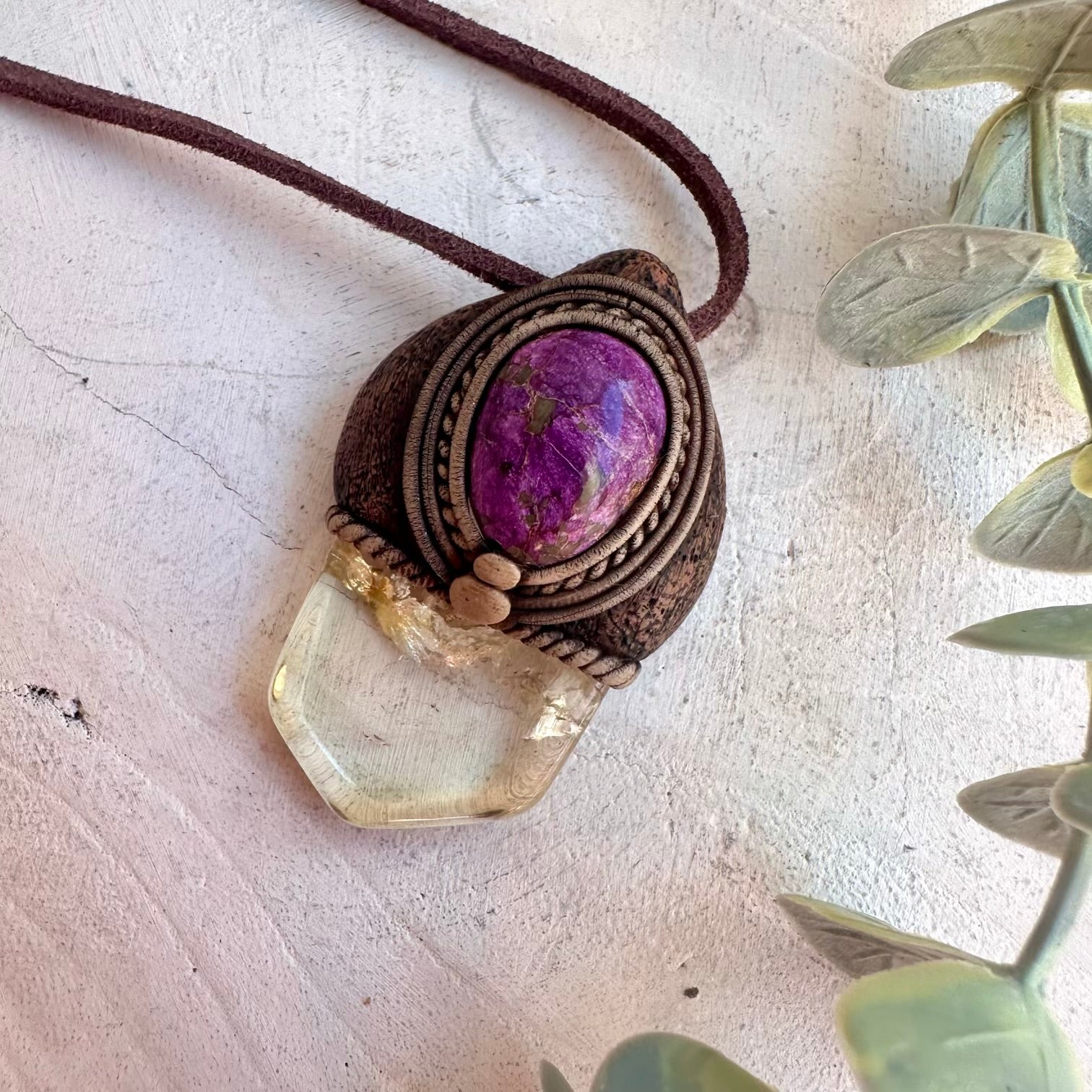 Citrine necklace with Stichtite gemstone pendant