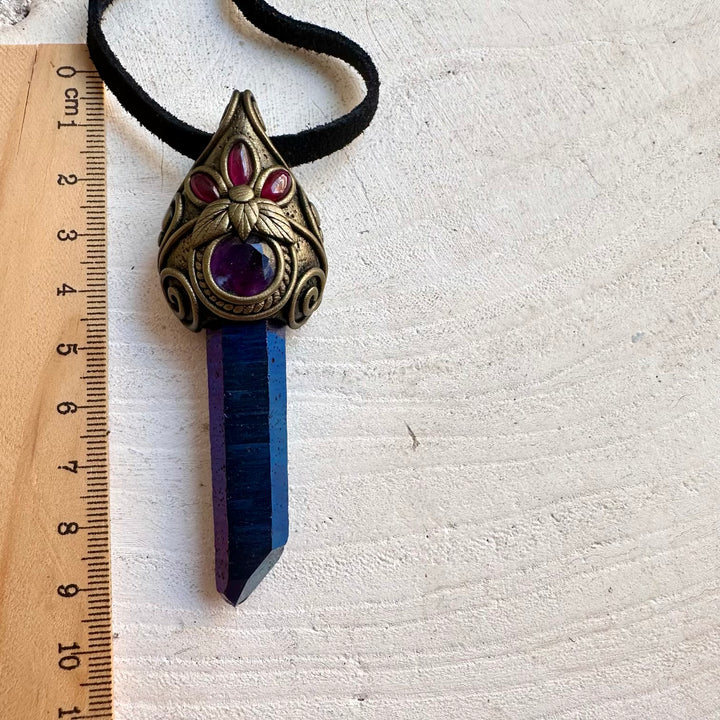 Handmade Cobalt Aura Quartz pendant necklace featuring Rainbow Fluorite and Rhodolite Garnet, a one of a kind crystal jewelry piece designed to bring together vibrant color, natural beauty and spiritual symbolism.