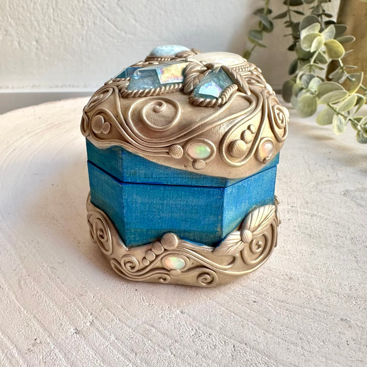 Spiritual home decor box handcrafted with Larimar, Rainbow Moonstone and Ethiopian Opal.