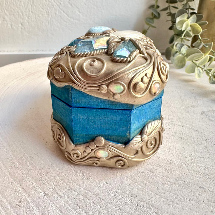 Spiritual home decor box handcrafted with Larimar, Rainbow Moonstone and Ethiopian Opal.