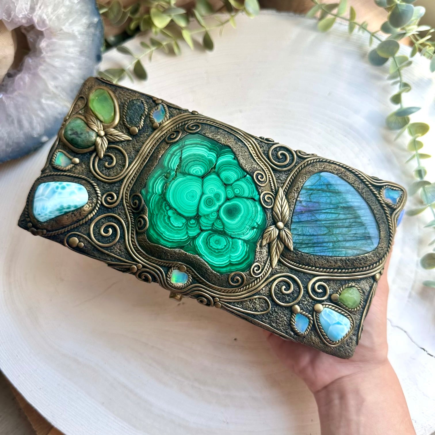 One of a kind crystal decor box with moldavite and larimar