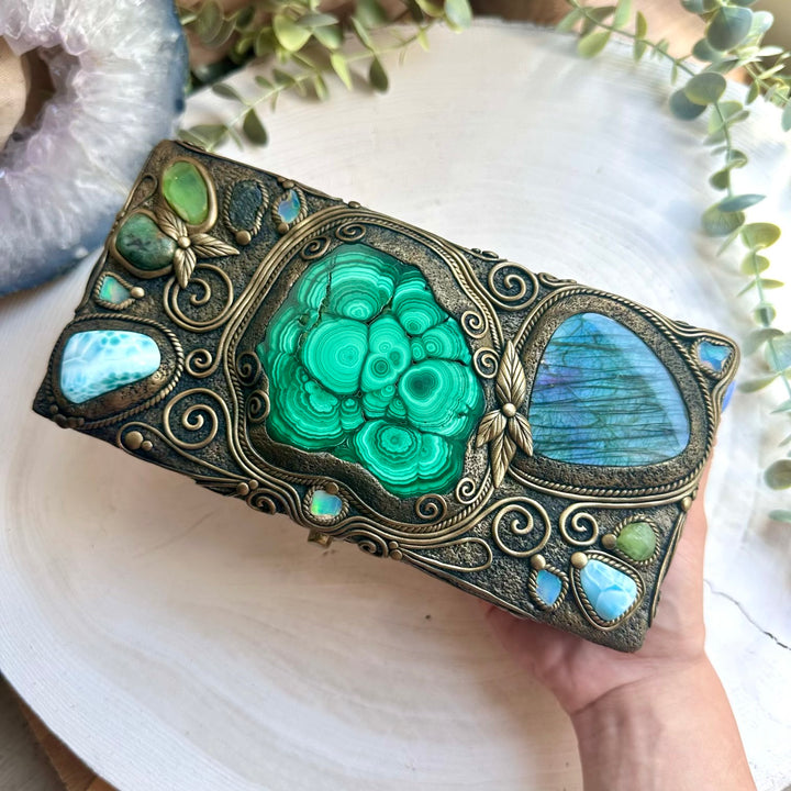 One of a kind crystal decor box with moldavite and larimar