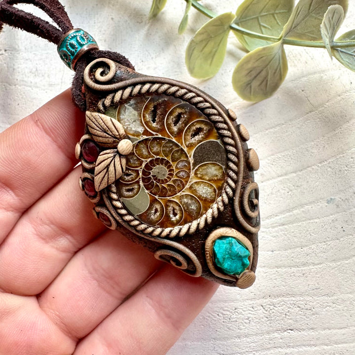 Handmade unisex crystal pendant necklace with Ammonite fossil, Chrysocolla and Garnet crystals