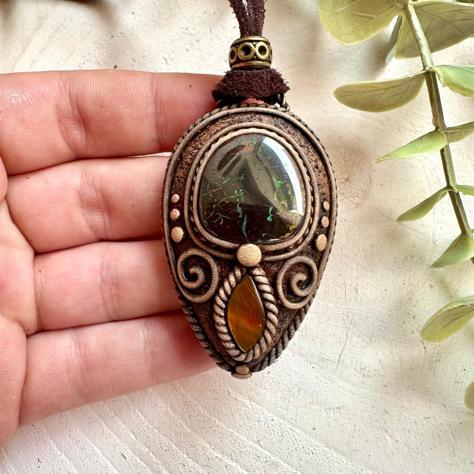 Boho healing crystal necklace featuring authentic Boulder Opal and Ammolite gemstones.