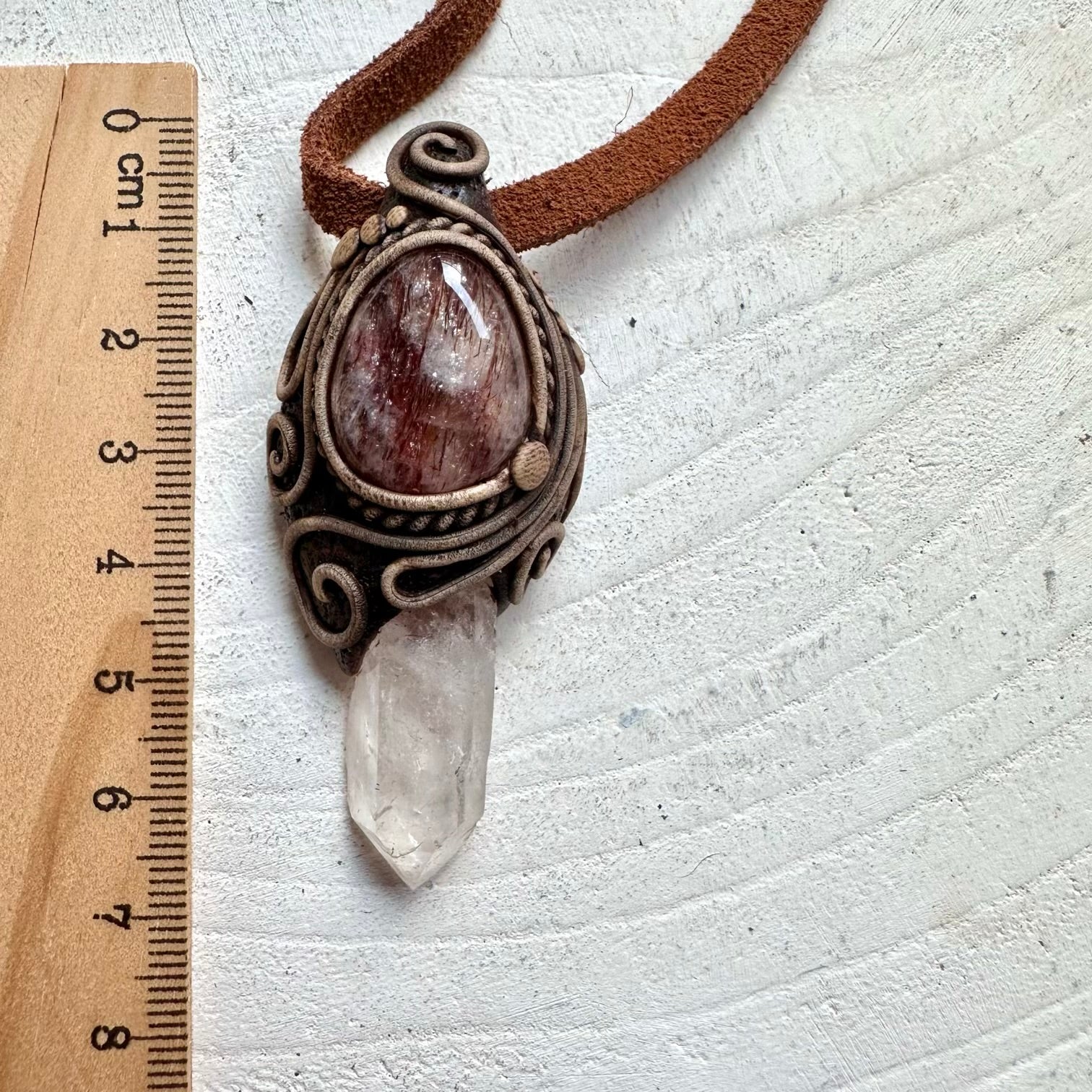 Handmade unisex gemstone necklace with Clear Quartz and Red Quartz crystal pendant