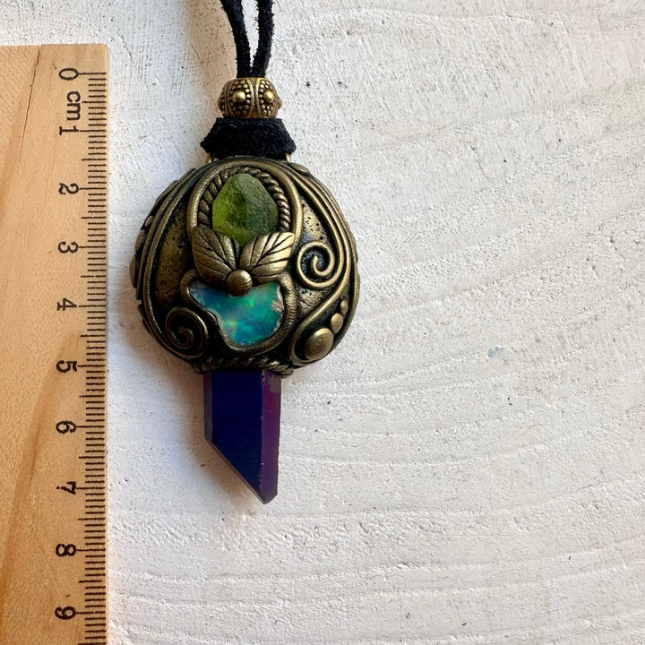 Statement gemstone pendant crafted with Cobalt Aura Quartz, Peridot and Ethiopian Opal.