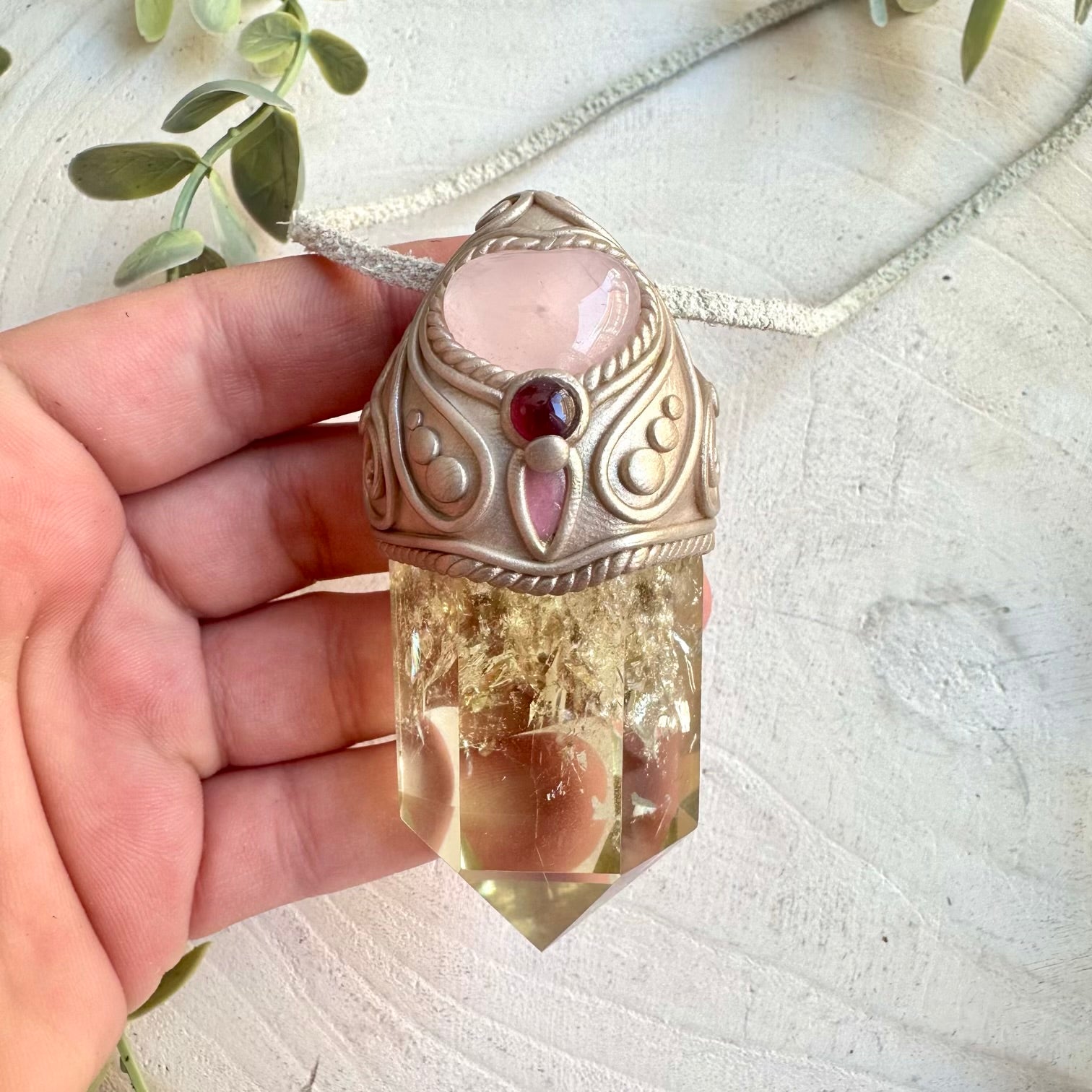 Metaphysical crystal jewelry with citrine rose quartz and rhodolite garnet