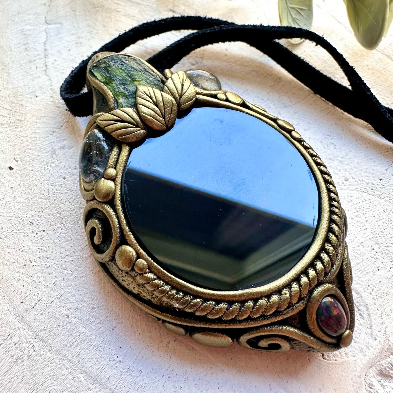 Protection crystal necklace crafted with Black Obsidian, Moldavite, Clear Topaz and Ethiopian Opal.