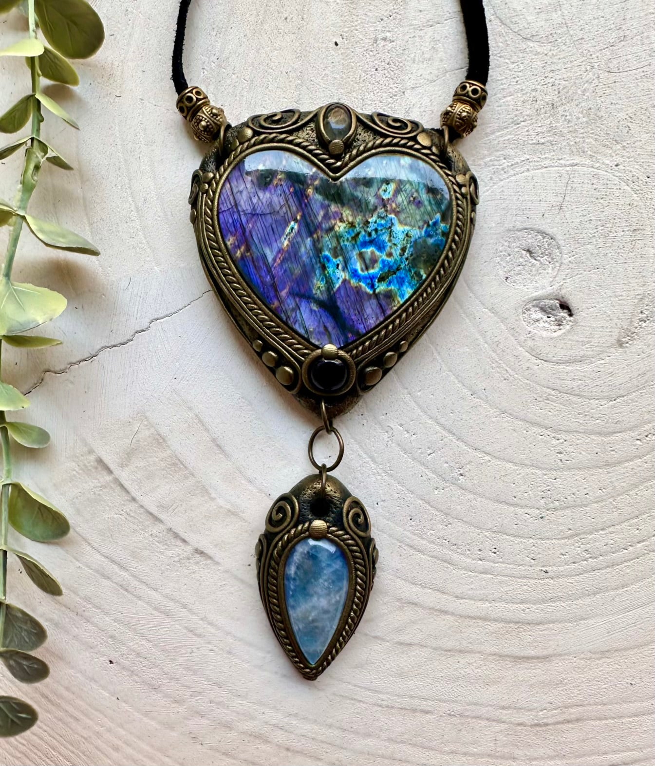 Artisan crystal pendant combining Purple Labradorite, Amethyst and Rainbow Moonstone in a unique handcrafted design.