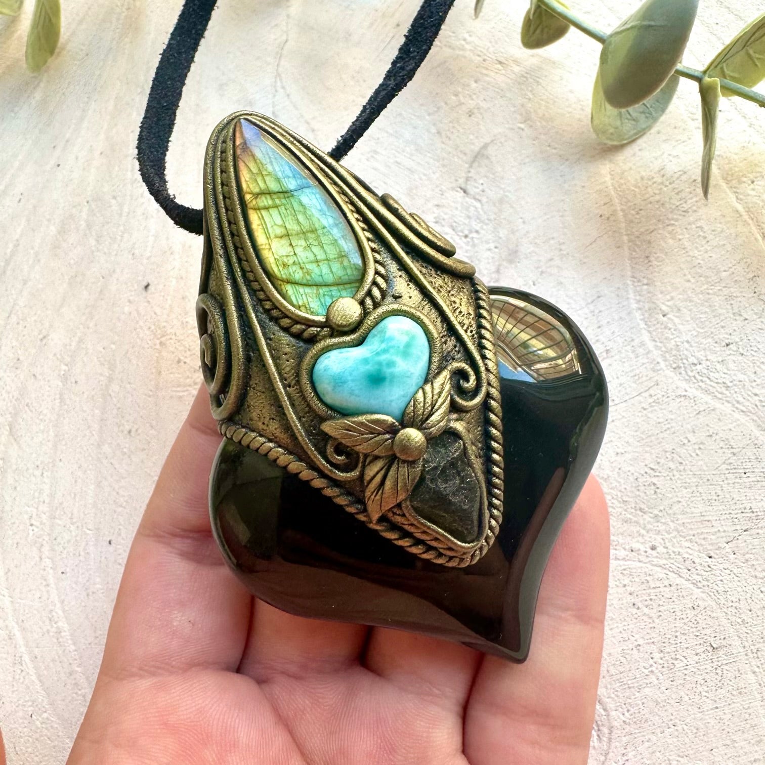 Healing crystal talisman featuring Rainbow Obsidian, Labradorite, Larimar and Moldavite.