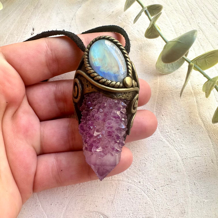 Boho crystal necklace with Spirit Quartz and Rainbow Moonstone handmade gemstone jewelry.