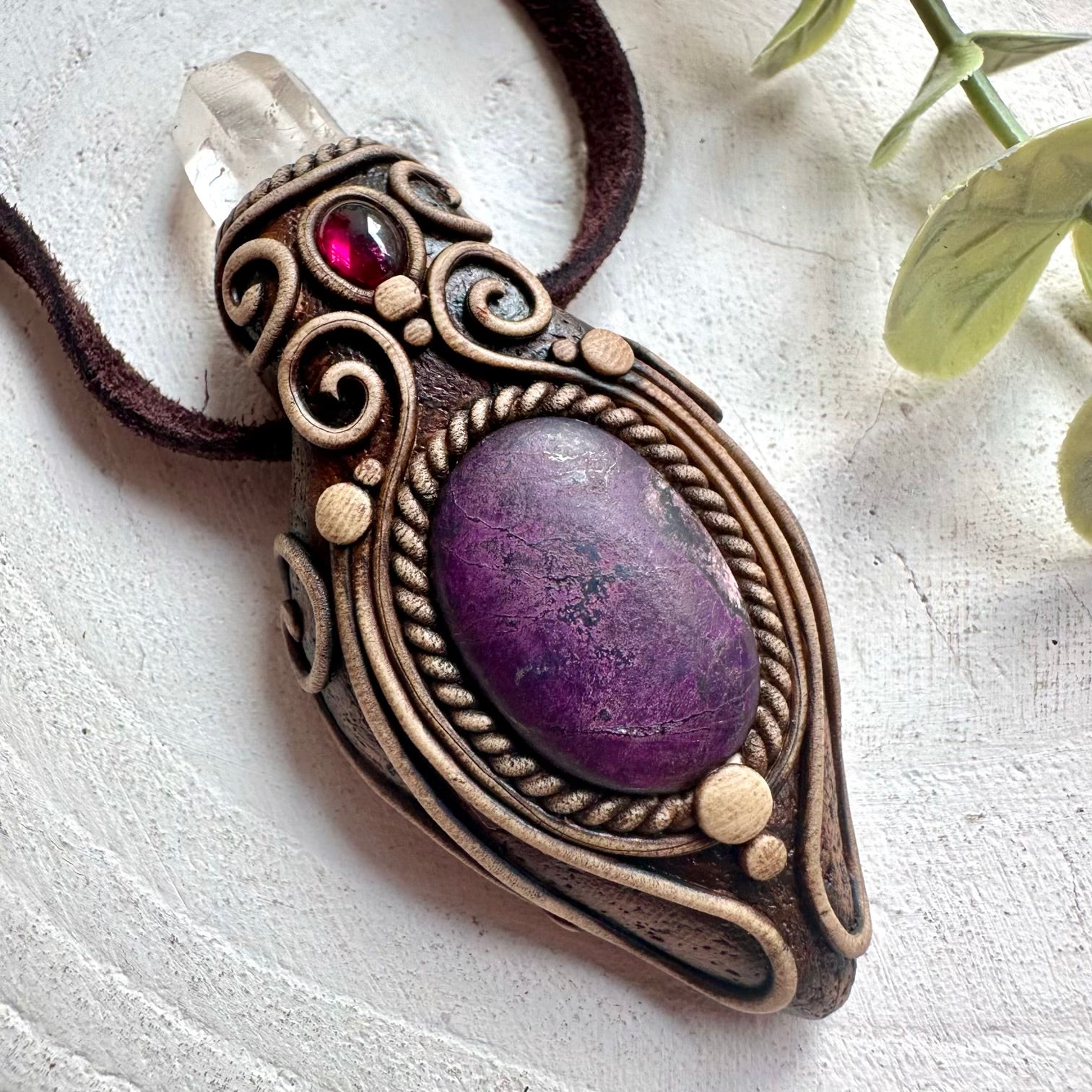 Handmade unisex gemstone necklace with Sugilite Clear Quartz and Rhodolite Garnet crystals