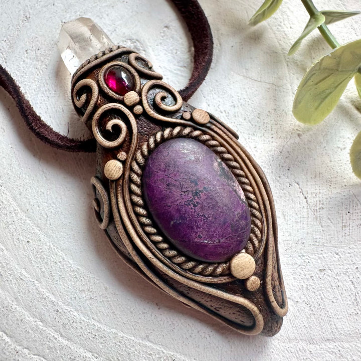 Handmade unisex gemstone necklace with Sugilite Clear Quartz and Rhodolite Garnet crystals