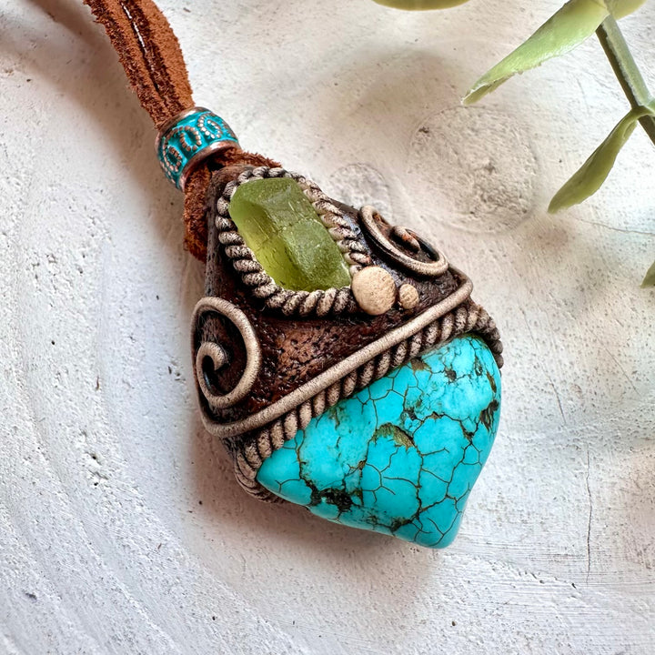 Premium handmade Turquoise and Raw Peridot healing crystal necklace with authentic gemstones
