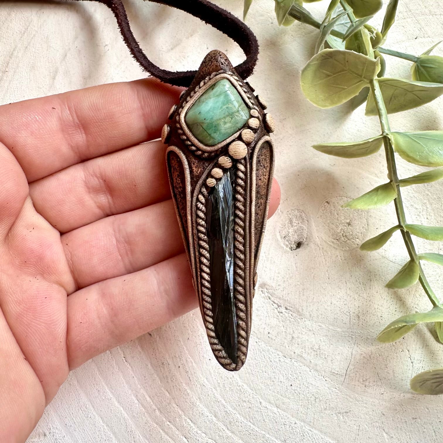 Natural Vivianite and Emerald crystal necklace for meditation, mindfulness and everyday wear