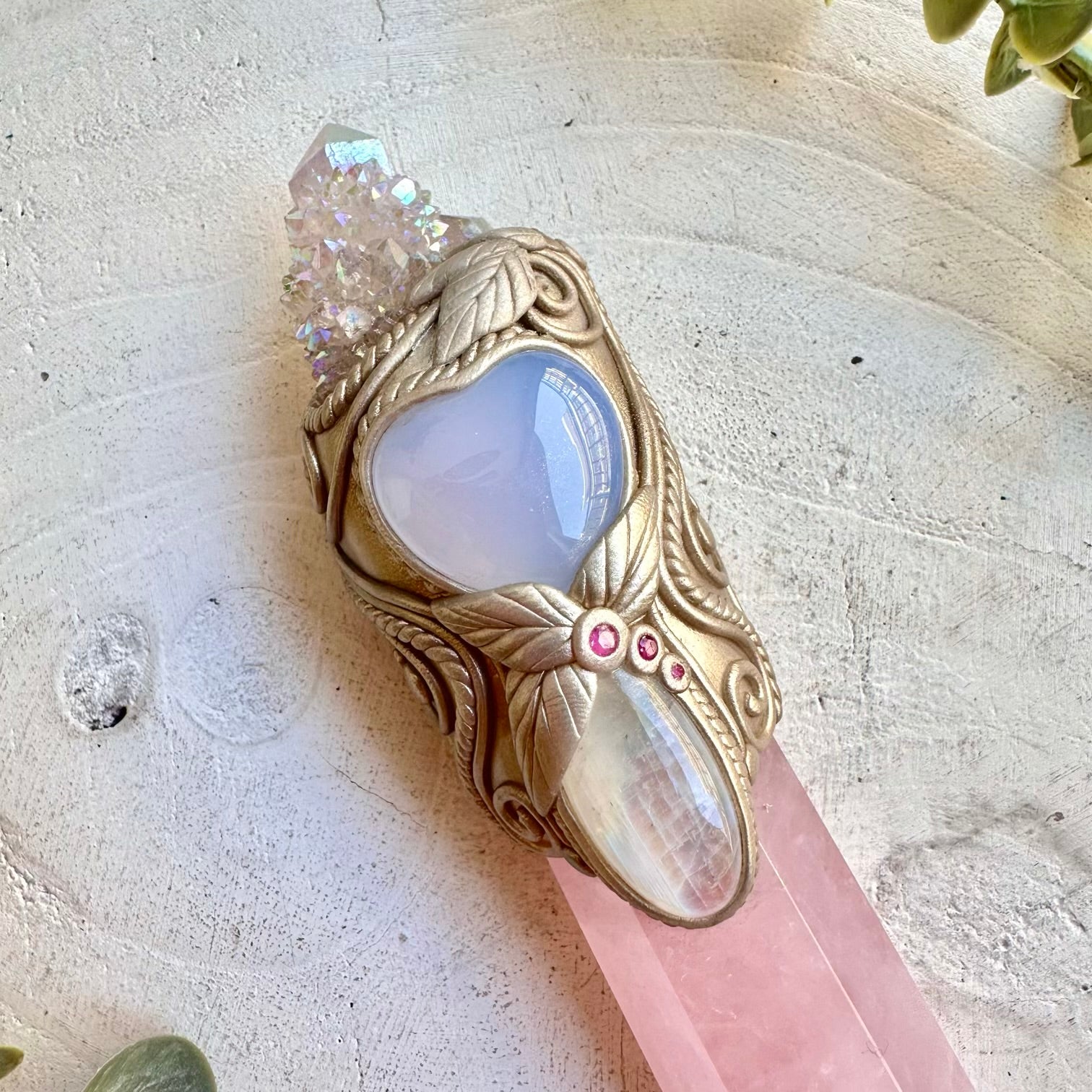High vibration crystal wand with angel aura spirit quartz and ruby accents