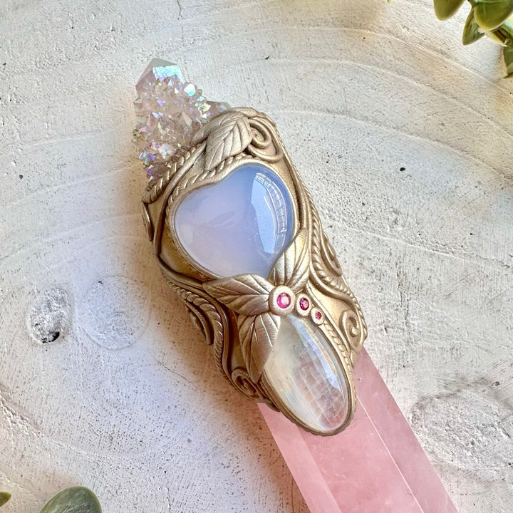 High vibration crystal wand with angel aura spirit quartz and ruby accents