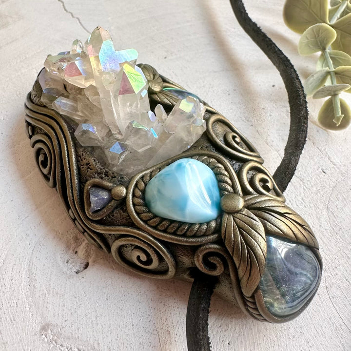 Handmade spiritual necklace with Angel Aura Quartz, Aqua Aura Quartz and Raw Tanzanite.