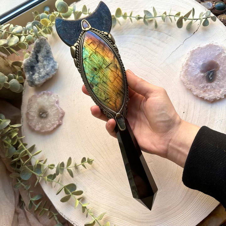 Spiritual crystal wand featuring astrophyllite moon carving