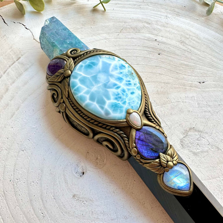 Unique healing crystal wand handcrafted with premium natural gemstones and a large Larimar centerpiece.
