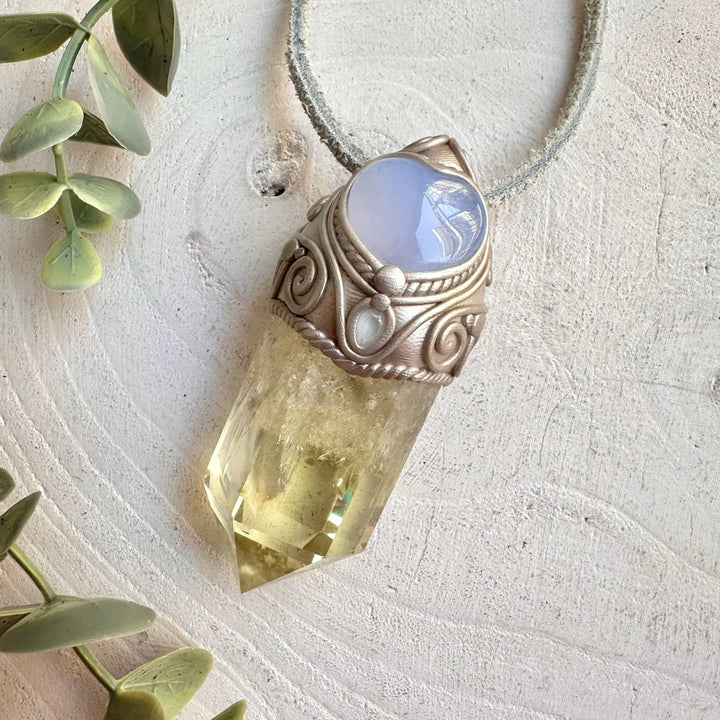Handmade gemstone wand necklace blue chalcedony citrine topaz jewelry