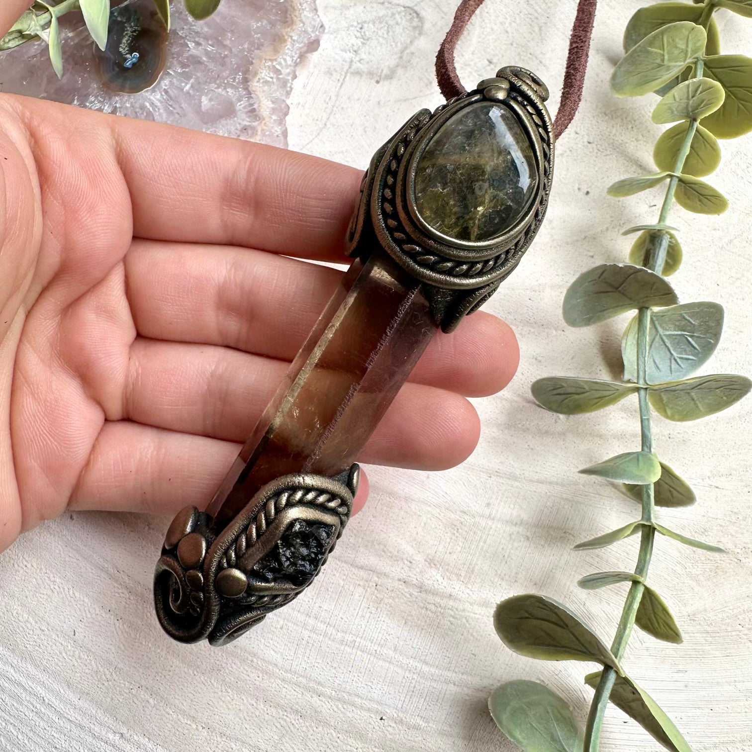 Handmade crystal wand necklace with rare gemstones