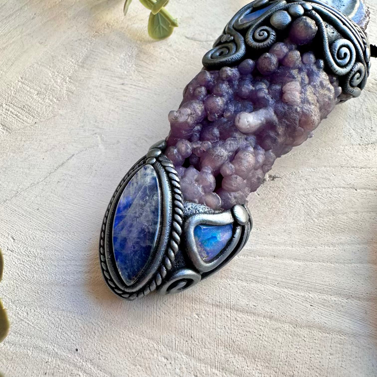 Handmade raw crystal wand pendant with rare gemstones