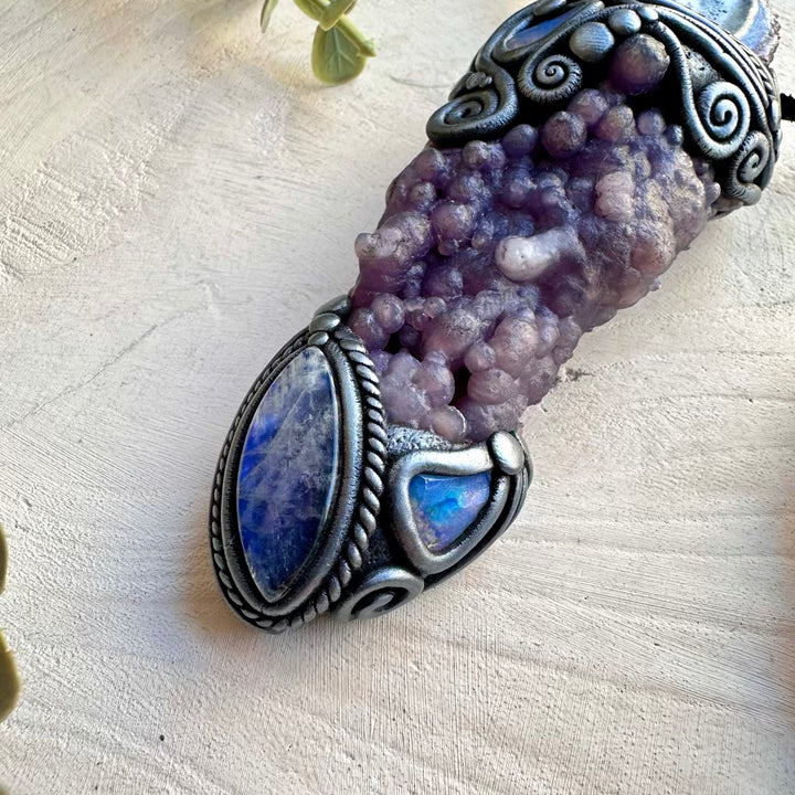 Handmade raw crystal wand pendant with rare gemstones