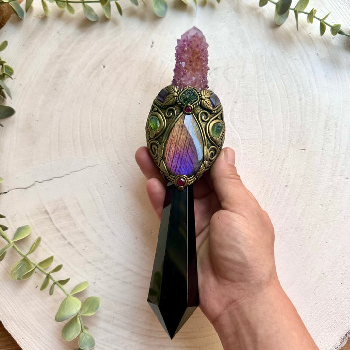 Handmade ritual wand combining Spirit Quartz, Labradorite and Amethyst for a magical natural look.