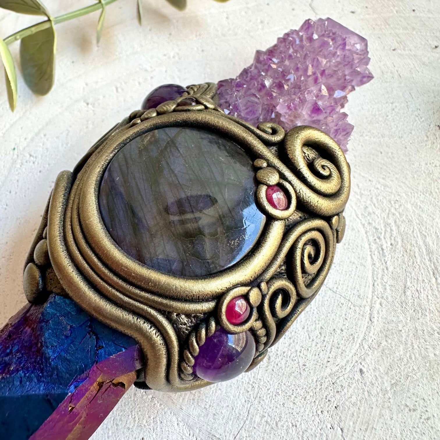 Handmade spiritual wand crafted with Labradorite, Amethyst and Rhodolite Garnet.