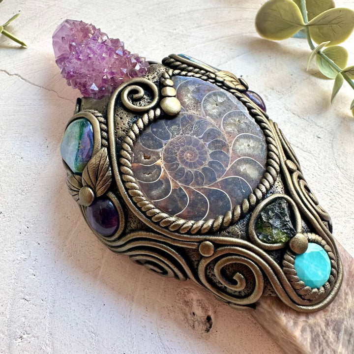 Moonstone Point crystal wand handcrafted with Deep Purple Spirit Quartz, Ammonite, Aqua Aura Quartz, Amethyst, Amazonite and Moldavite.
