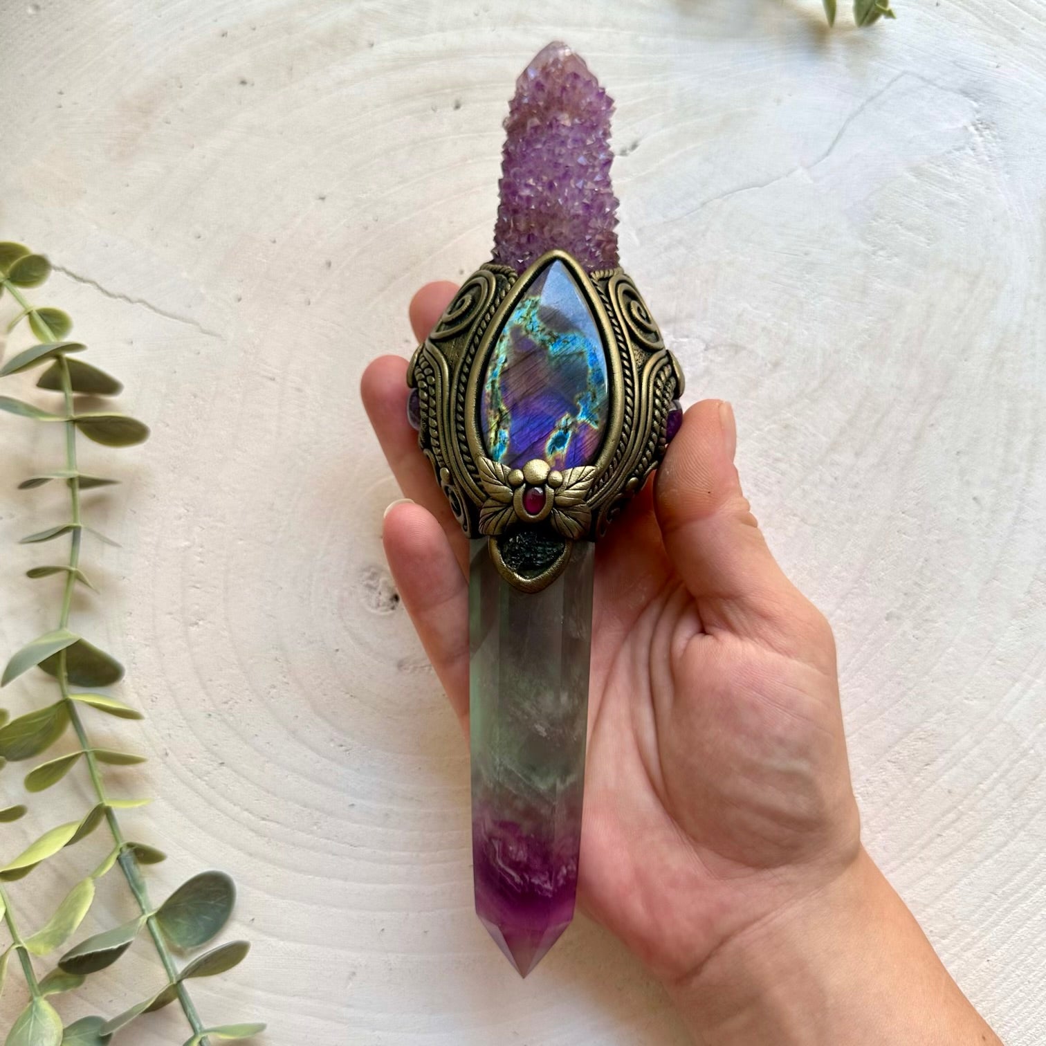 Rainbow Fluorite crystal wand handcrafted with Deep Purple Spirit Quartz, Labradorite, Moldavite, Amethyst and Rhodolite Garnet.