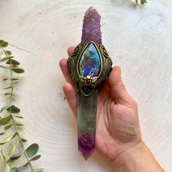 Rainbow Fluorite crystal wand handcrafted with Deep Purple Spirit Quartz, Labradorite, Moldavite, Amethyst and Rhodolite Garnet.