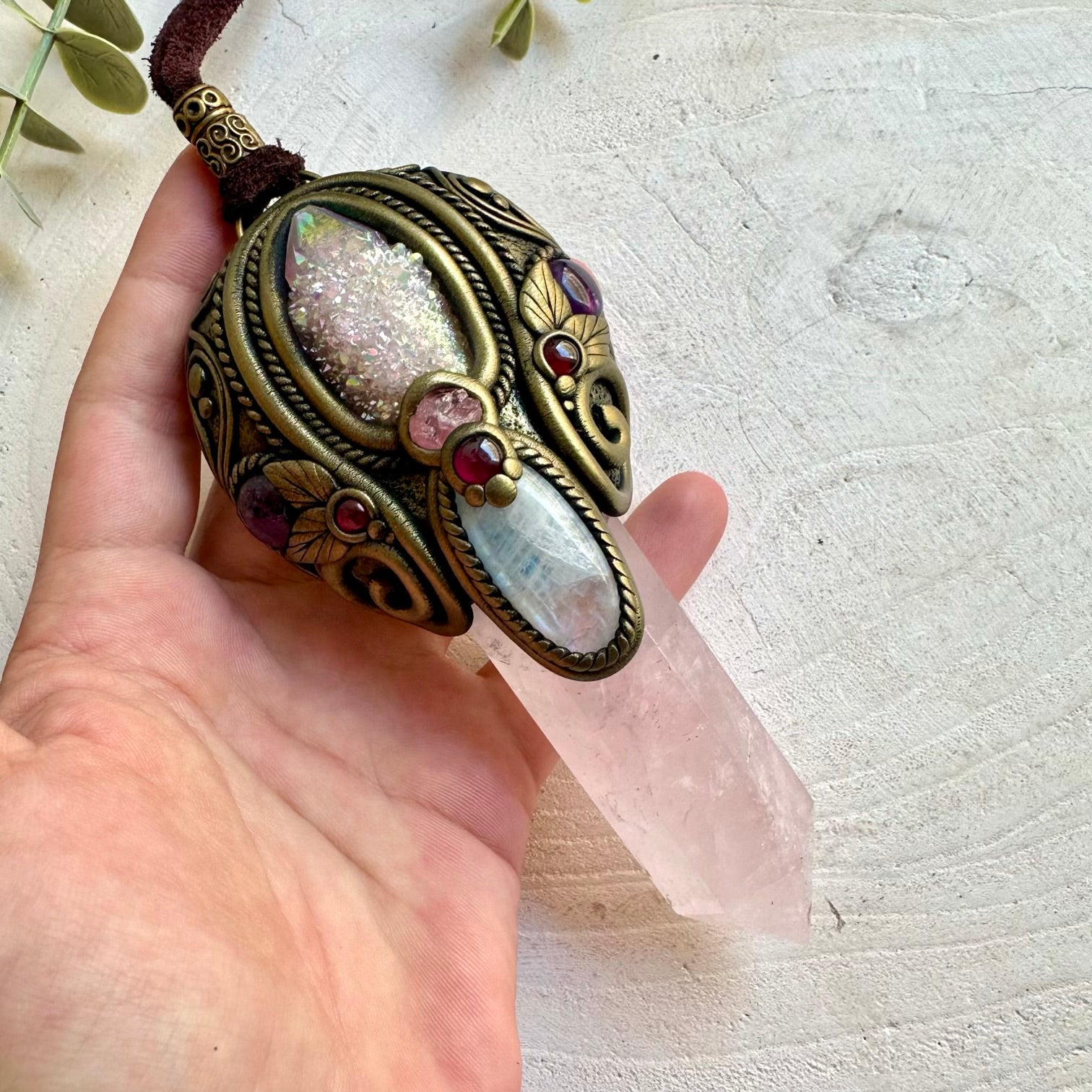 Handmade ritual tool crafted with Rose Quartz, Rhodochrosite and Amethyst for spiritual practice.