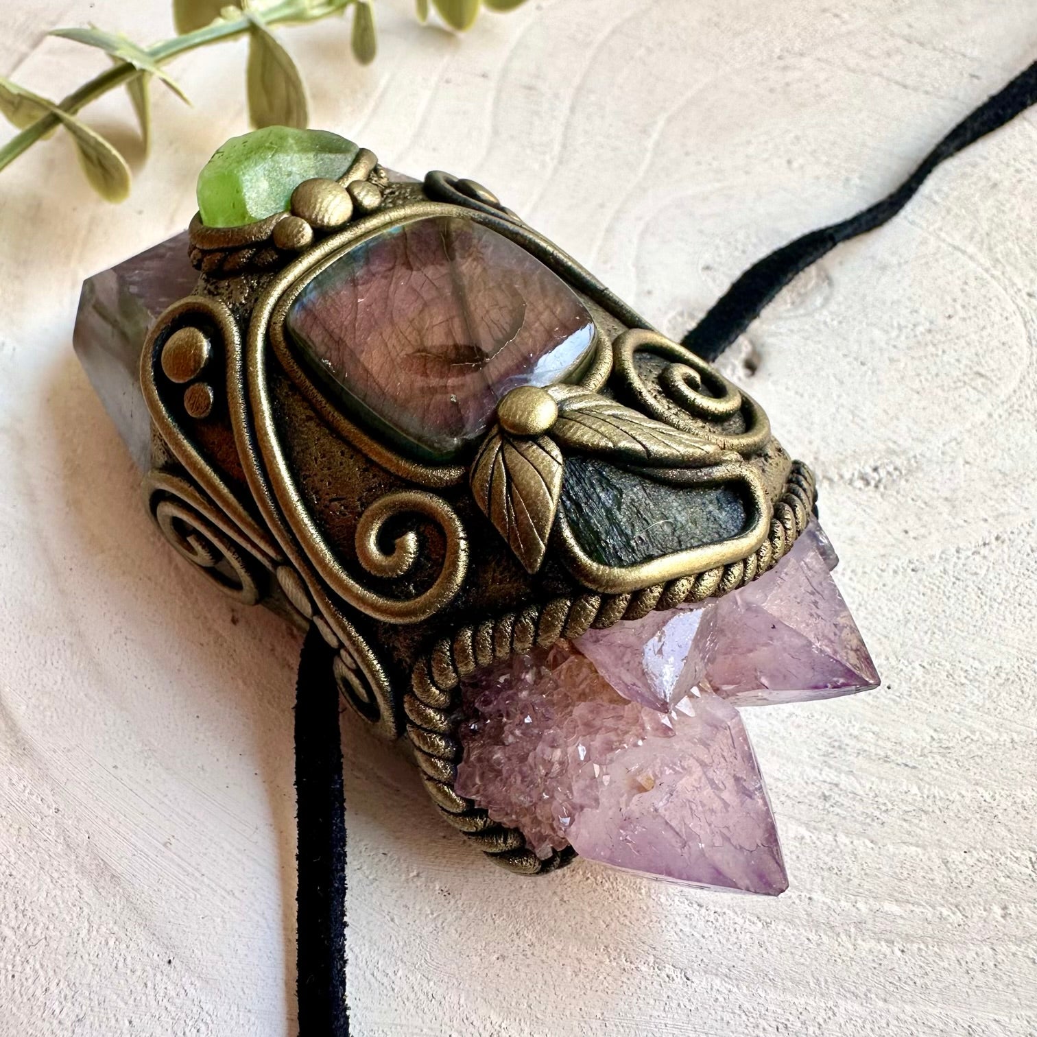 Handmade energy wand combining Super Seven Quartz, Spirit Quartz, Labradorite and Moldavite.