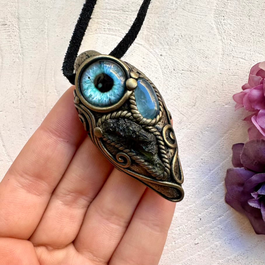 Protective green Moldavite crystal with intuition-boosting Aquamarine eye amulet, artisan handmade spiritual necklace tool.